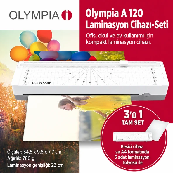 Olympia A120 Combo Laminasyon Makinesi 4’lü Set | Kesme Cetveli + Köşe Yuvarlayıcı + 5’li Poşet ürün görseli 1
