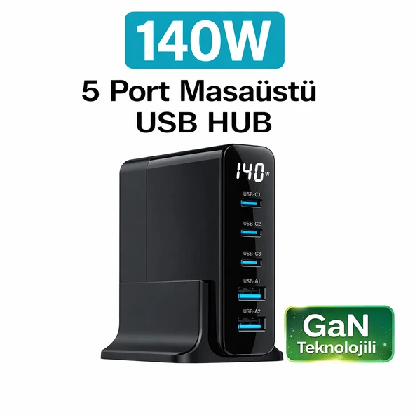 140W 3x TypC & 2x USB-A Port Ultra Hızlı Şarj Adaptörü GaN Teknolojili Laptop Telefon, Tablet Uyumlu ürün görseli 1