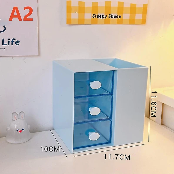 Masaüstü Kalemlik Organizer 7 Bölmeli Kawaii Kapaklı Mini Çekmeceli Kalemlik - Mavi ürün görseli 1