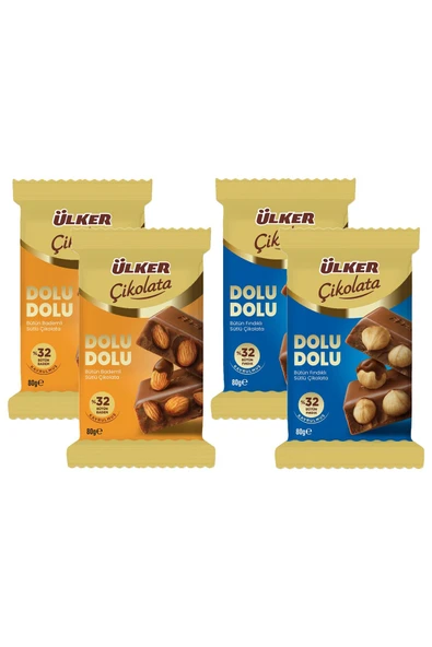 Ülker Dolu Dolu Sütlü Bütün Fındıklı ve Bademli Çikolata 80 gr 4 lü Karma ürün görseli 1