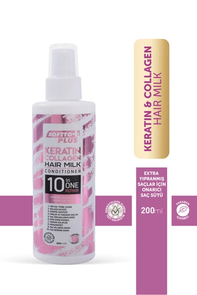 Softto Plus Kimyasal Işlem Görmüş Ve Aşırı Yıpranmış Saçlara Özel Keratin & Collagen Saç Bakım Sütü 200ml ürün görseli 1