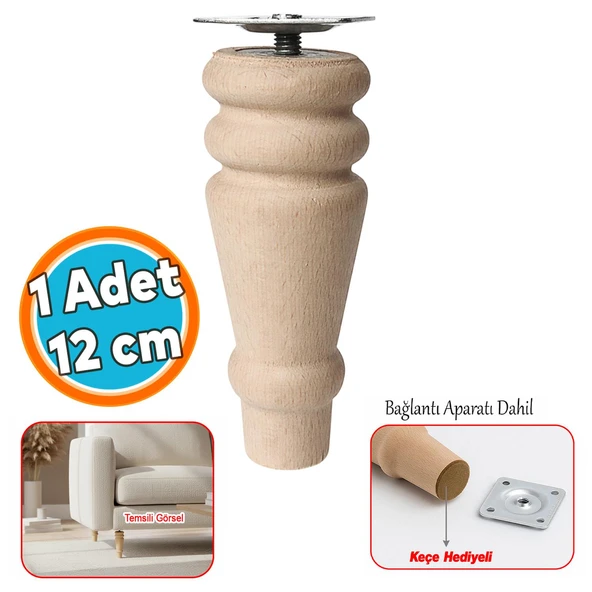 Doğal Boyasız Ahşap Ayak Silindir Mobilya Koltuk Kanepe Ayağı Metal Montaj Aparat & Keçe Bohem 12 cm ürün görseli 1