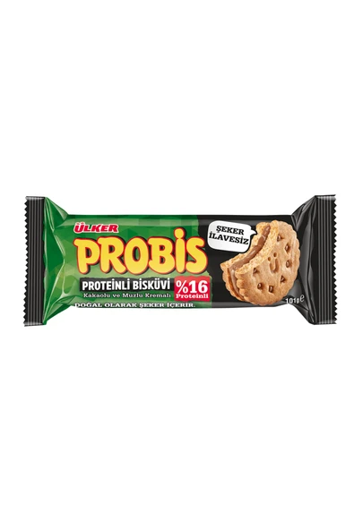 Ülker PROBİS PROTEİNLİ KAKAOLU VE MUZLU KREMALI ŞEKERSİZ BİSKÜVİ 101G ürün görseli 1