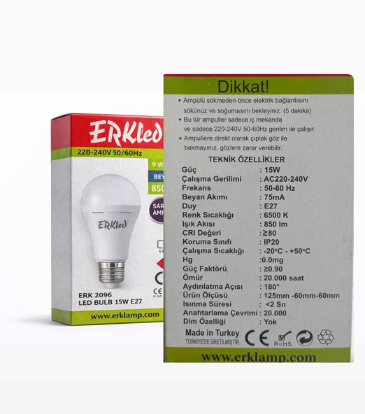 ERKled LED Ampul 15W E27 Beyaz Işık (6500K) şarjlı ampul - Resim 2