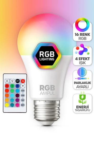 Kumandalı RGB Renkli LED Ampul 9W E27 Parlaklık | Renk Değiştiren Dimmerli LED Aydınlatma Lamba ürün görseli 1