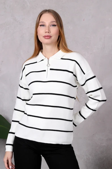 Kadın Polo Yaka Oversize Çizgili Fermuarlı Triko Kazak Ekru ürün görseli 1