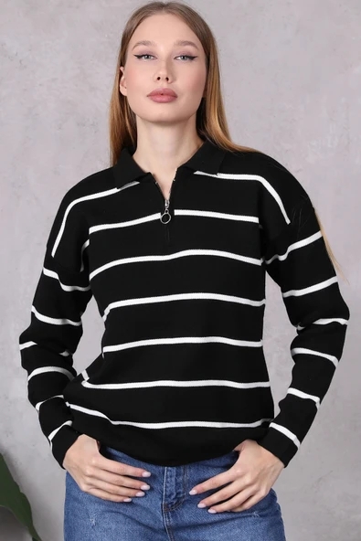 Kadın Polo Yaka Oversize Çizgili Fermuarlı Triko Kazak Siyah ürün görseli 1