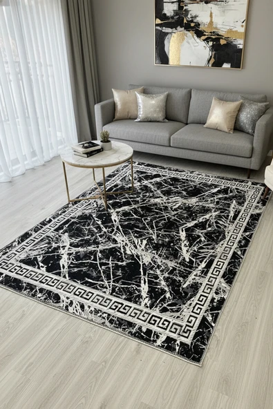 Kilim Savan Çift Taraflı Modern Desenli Yıkanabilir Pamuklu Dokuma 2x3 Metre Siyah ürün görseli 1