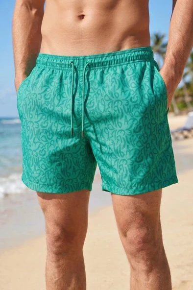 Erkek Deniz Şortu Cepli Pamuklu Polyester Su Yitici Tahriş Etmeyen Astar Desenli Yeşil BS-233 ürün görseli 1