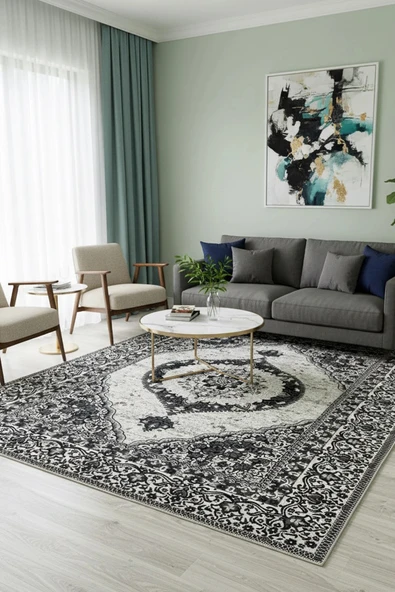 Kilim Savan Çift Taraflı Modern Desenli Yıkanabilir Pamuklu Dokuma 2x3 Metre Siyah ürün görseli 1