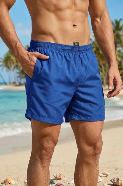 Erkek Deniz Şortu 2 Cepli Pamuklu Polyester Su Yitici Tahriş Etmeyen Astar Saks Mavi K236 ürün görseli 1