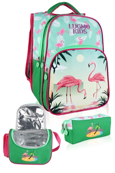 Lugmo Flamingo 3 Lü İlkokul Çanta Seti  Kız Çocuk Çantası Astarlı Pedli Yeşil-Pembe ürün görseli 1