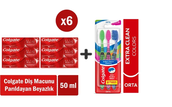 Colgate Optic White Parıldayan Beyazlık 50 ml x 6 Adet + Extra Clean Colors Diş Fırçası 3lü ürün görseli 1