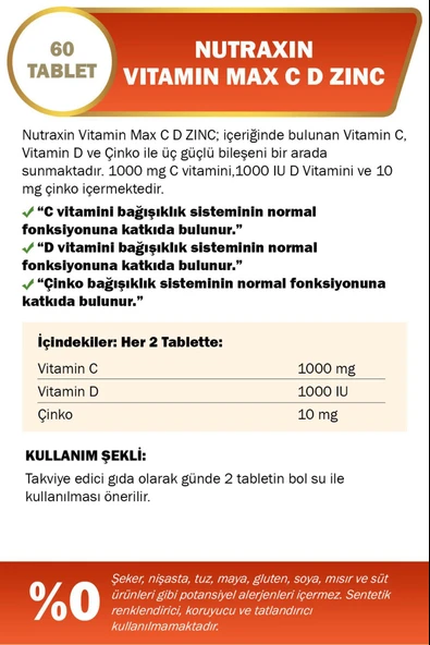 Nutraxin Vitamin Max C + D Zinc 60 Tablet - Resim 2