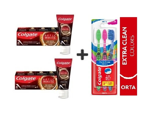Colgate Optic White Kahve, Çay Tütün Kullanan Için Diş Macun 125ML 2 Ad +Extra Clean Diş Fırçası 3lü ürün görseli 1
