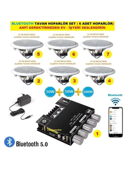 Bluetooth Tavan Hoparlör Seti (1 Adet Anfi + 6 Adet 13 cm Tavan Hoparlör) ürün görseli 1