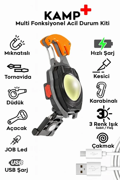 Kamp Feneri Çok Fonksiyonlu Fener Anahtarlık Usb Çakmaklı Cam Kırıcı Kemer Kesici ürün görseli 1