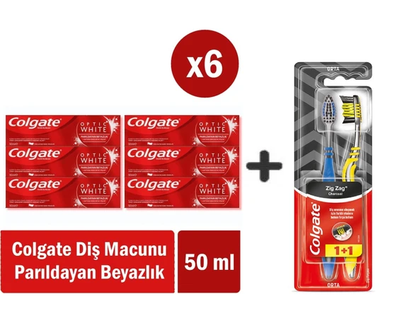 Colgate Optic White Parıldayan Beyazlık 50 ml x 6 Adet + Zig Zag Charcoal 1+1 Orta Sert Diş Fırçası ürün görseli 1