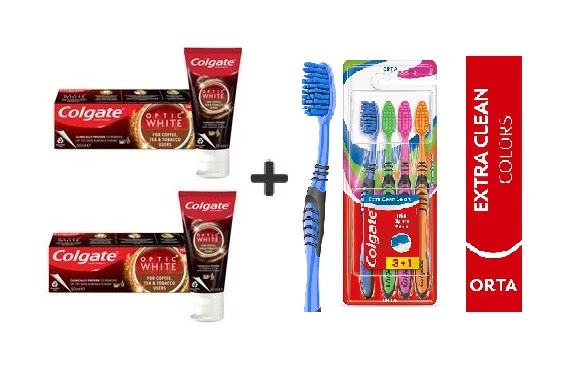 Colgate Optic White Kahve, Çay Tütün Kullanan Için Diş Macun 125ML 2 Ad +Extra Clean Diş Fırçası 3+1 ürün görseli 1