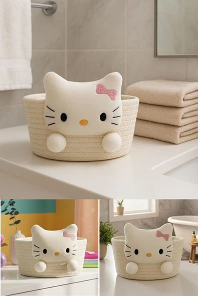 Mucize Home Kedi Detaylı Çok Amaçlı Hasır Sepet, Banyo Sepeti, Dekor Sepet, Havlu Sepeti ürün görseli 1
