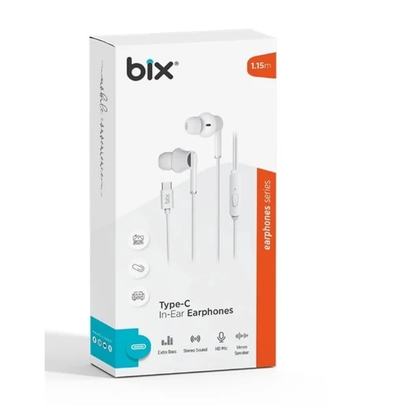 BİX HF01C-WE Type-C Beyaz 14MM EXTRA BASS KULAKİÇİ Mikrofonlu Kulaklık ürün görseli 1