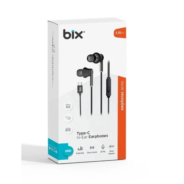 BİX HF01C-BK Type-C Siyah 14MM EXTRA BASS KULAKİÇİ Mikrofonlu Kulaklık ürün görseli 1