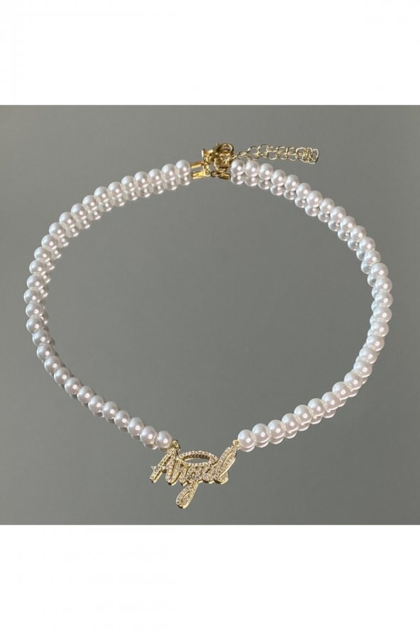 Taşlı Slogan Angel Inci Choker Kolye ürün görseli 1