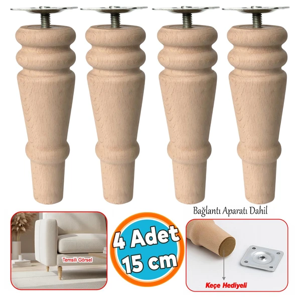 Doğal Ahşap Ayak (4 Adet) Silindir Mobilya Koltuk Kanepe Ayağı Metal Montaj Aparat Keçe Bohem 15 cm ürün görseli 1