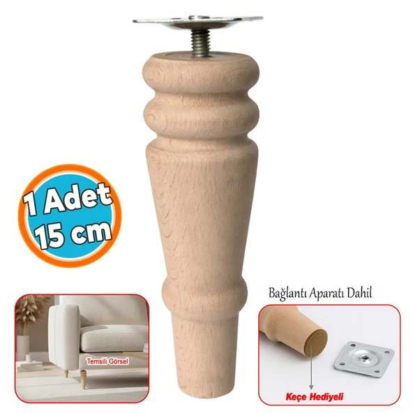 Doğal Boyasız Ahşap Ayak Silindir Mobilya Koltuk Kanepe Ayağı Metal Montaj Aparat & Keçe Bohem 15 cm ürün görseli 1
