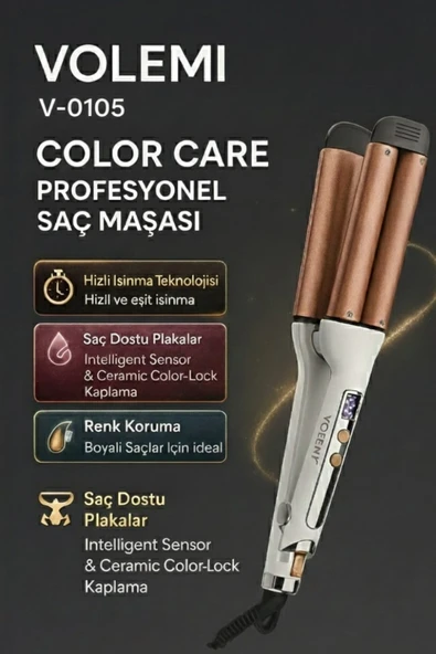 Volemı® V-0105 Profesyonel Bukle Saç Maşası Color Care, 5x Renk Koruma, Keratin Yağlı Seramik Kaplama Dijital Isı Ayarlı Maşa ürün görseli 1