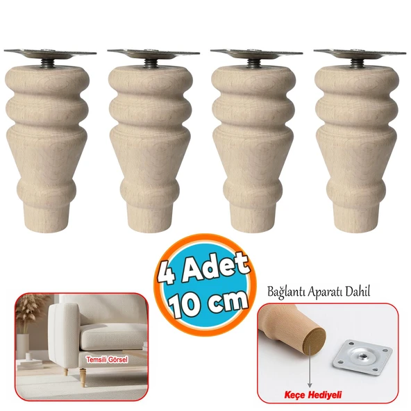 Doğal Boyasız 10 cm Ahşap Ayak Silindir Mobilya Koltuk Kanepe Ayağı Montaj Aparat & Keçe (4 Adet) ürün görseli 1