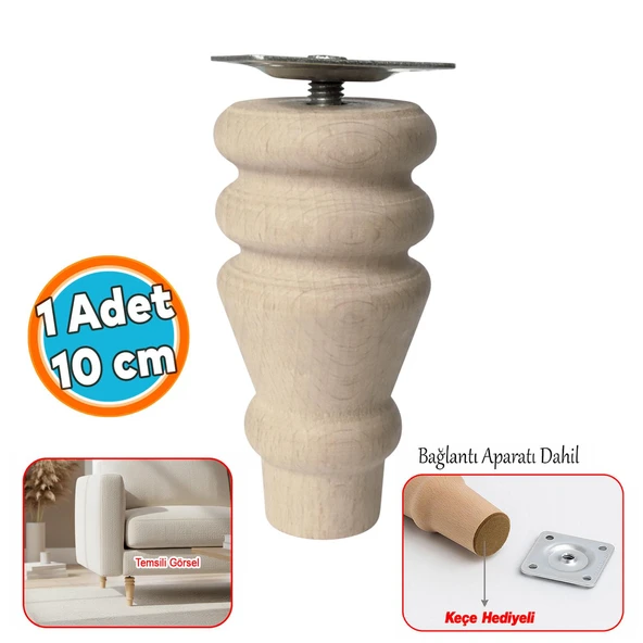 Doğal Boyasız Ahşap Ayak Silindir Mobilya Koltuk Kanepe Ayağı Metal Montaj Aparat & Keçe Bohem 10 cm ürün görseli 1