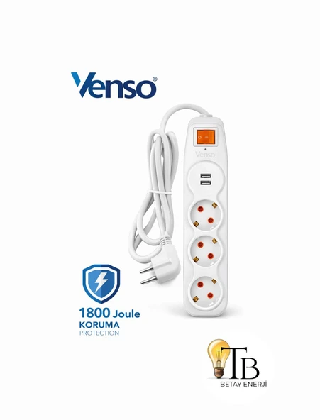 Venso Akım Korumalı 3’lü Grup Priz 2 USB’li 1.5 Metre Kablolu ürün görseli 1
