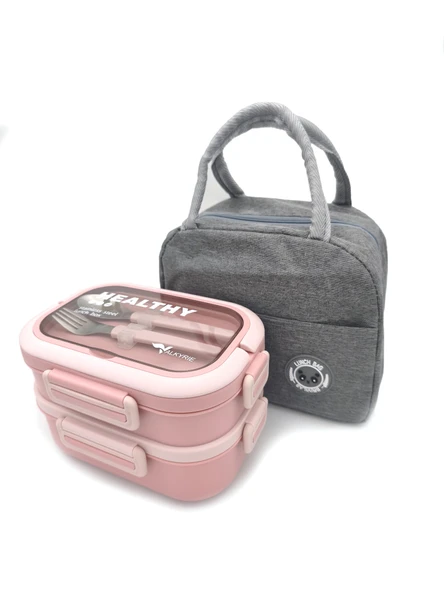 Valkyrie 304 Çelik Bölmeli Lunch Box Seti | Termal Çantalı, Bölmeli, Çatal Kaşıklı, Sızdırmaz Yemek Kabı Pembe ürün görseli 1