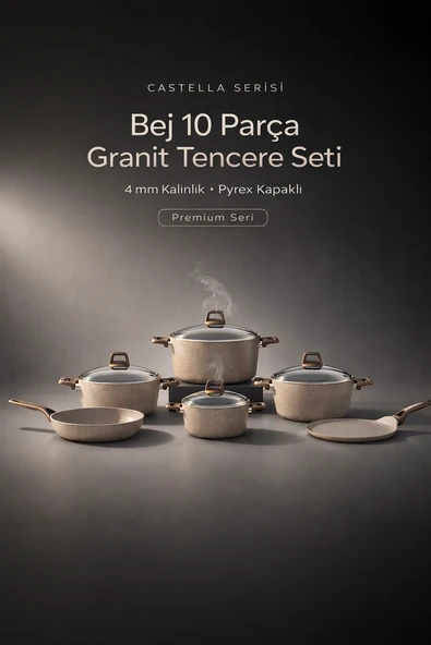 Castella Serisi Bej 10 Parça Granit Tencere Seti  4 mm Kalınlık, Pyrex Kapaklı ürün görseli 1