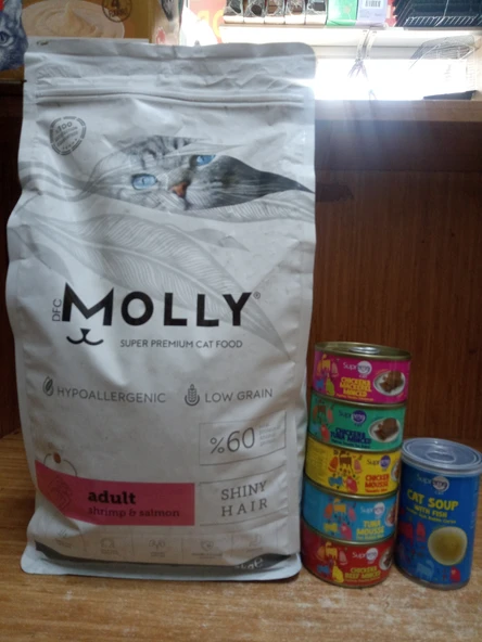 Molly Hypoallergenic Yetişkin Kedi Kuru Mama Somon Balıklı&Karidesli 2 kg+5 ADET KARIŞIK AROMA PÜRE KEDİ KONSERVE 85 GRAM+1 ADET BALIKLI KEDİ ÇORBASI 135 ML ürün görseli 1
