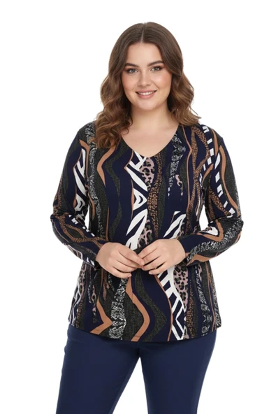 Kadın V Yaka Modelli Baskılı Bluz BGL-ST05107 ürün görseli 1