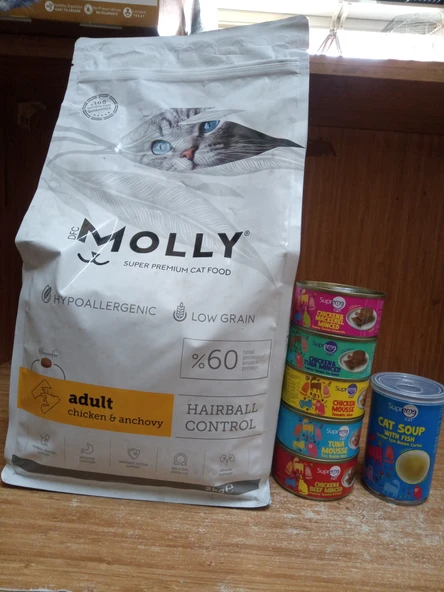Molly Hairball Control Tavuklu ve Hamsili Düşük Tahıllı Yetişkin Kedi Maması 2kg+5 ADET KARIŞIK AROMA PÜRE KEDİ KONSERVE 85 GRAM+1 ADET TAVUKLU KEDİ ÇORBASI 135 ML ürün görseli 1