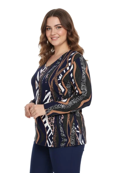 Kadın V Yaka Modelli Baskılı Bluz BGL-ST05107 - Resim 3