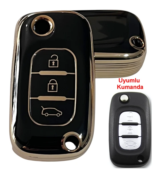 Renault Fluence Megane 3 Uyumlu Kumanda Anahar Kılıfı Oto Anahtarlık Siyah Gold ürün görseli 1