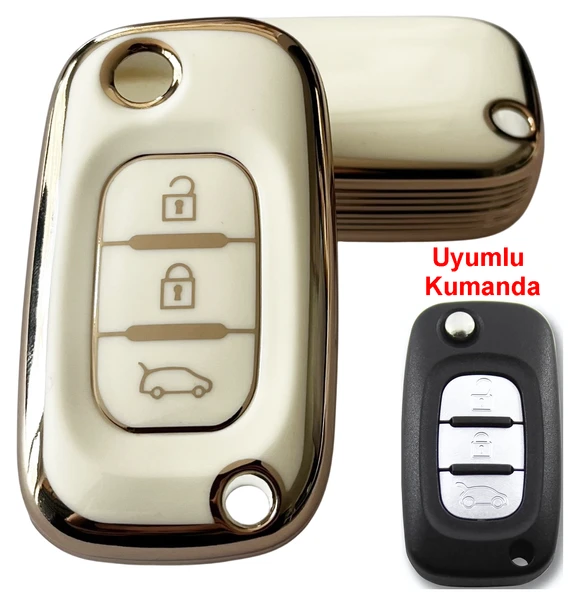 Renault Fluence Megane 3 Uyumlu Kumanda Anahar Kılıfı Oto Anahtarlık Beyaz Gold ürün görseli 1