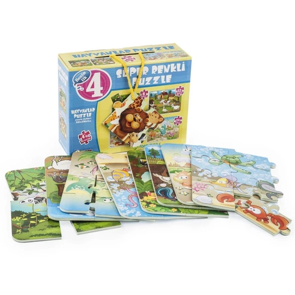 1481 Süper Renkli 4'lü Puzzle - Hayvanlar / 8+12+16+24 Parça Puzzle ürün görseli 1