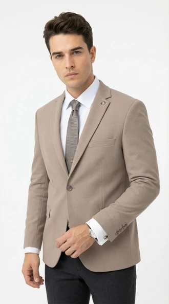 Erkek Slim Fit Tek Düğmeli Blazer Ceket – Vizon Renk, Şık ve Modern Kesim ürün görseli 1