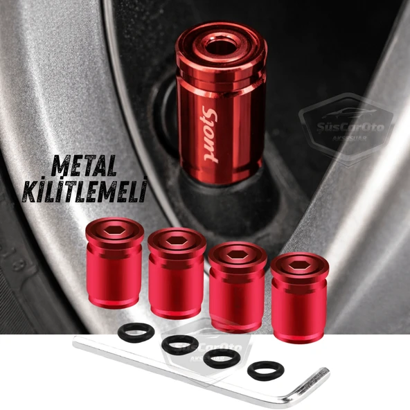 Kilitlemeli Sibop Kapağı Alyanlı Sibop Kapağı Araba Motosiklet Bisiklet Metal Sıkmalı Kırmızı 4 lü Set ürün görseli 1