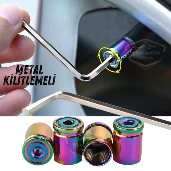 Kilitlemeli Sibop Kapağı Alyanlı Sibop Kapağı Araba Motosiklet Bisiklet Metal Sıkmalı Renkli Bukalemun 4 lü Set ürün görseli 1