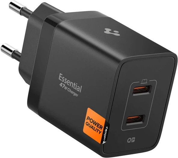 Spigen 47W USB-C 2 Port Mini Hızlı Şarj Aleti Samsung PPS 2.0 / Isı Düşürücü GaN Pro Akım Korumalı PD 3.0 / SCP / FCP Protokol Güç Adaptörü iPhone & Android & iPad & MacBook Type-C Black ürün görseli 1
