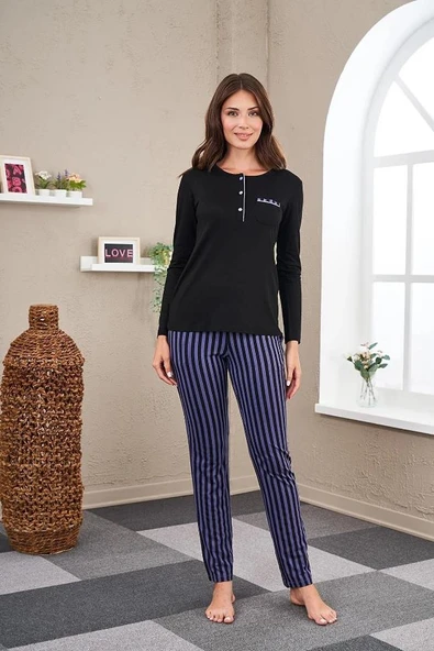 Gd Goldoremi Premium Kadın Patlı Çizgili Rahat Kalıp Uzun Kollu Pijama Takım ürün görseli 1