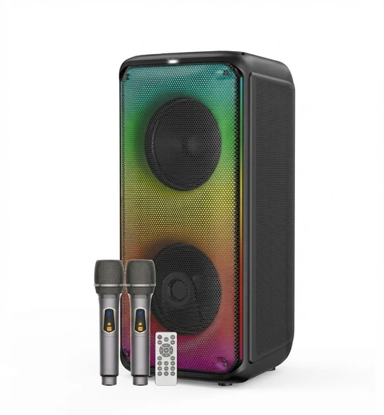 1908 Çift 8'' Bluetooth Karaoke Hoparlör -Çift Kablosuz Mikrofonlu Kumandali Full RGB İşikli Speaker USB/AUX/TF ürün görseli 1