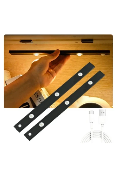 2 Adet 40 cm Harekete Duyarlı Sensörlü, Sensörsüz Usb Şarj Dim Edilebilir Mutfak Dolap, Gece Lambası ürün görseli 1