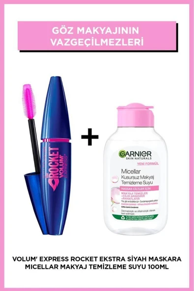 Maybelline New York Volum' Express Rocket Ekstra Siyah Maskara & Garnier Micellar Makyaj Temizleme Suyu 100 Ml ürün görseli 1